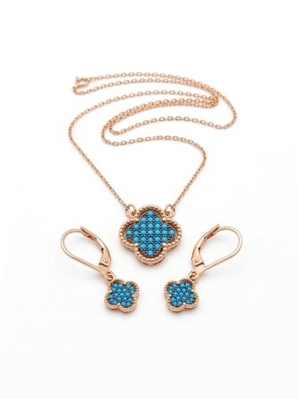 925 Ayar Papatya Silver Yonca Kolye Küpe Set.rose.gold.rodaj