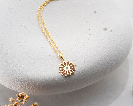 925 ayar papatya silver turuncu papatya pırlanta kolye<rose,gold,rodaj>