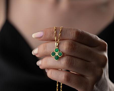 925 ayar papatya silver dört yaprak çimen yeşili pırlanta kolye<rose,gold,rodaj>