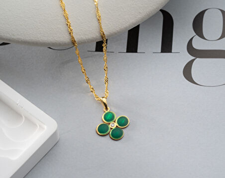 925 ayar papatya silver dört yaprak çimen yeşili pırlanta kolye<rose,gold,rodaj>