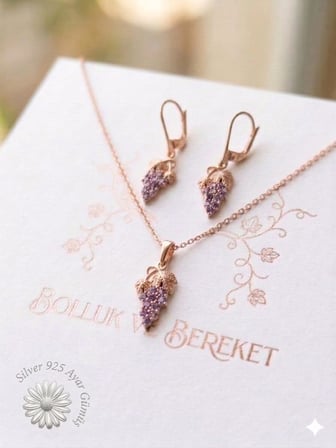 925 Ayar Papatya Silver Taşlı Üzüm Kolye Küpe Set.rose.gold.rodaj