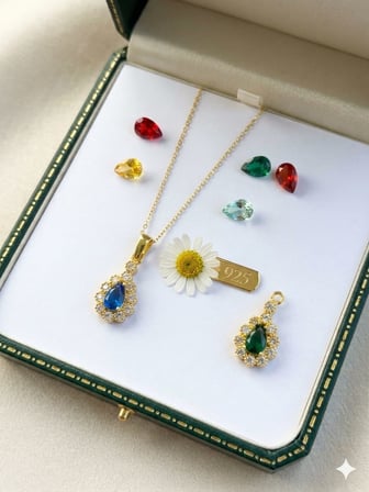 925 Ayar Kişiye Özel Doğum Taşlı Damla Taşlı Safir Yakut Zümrüt Kolye.rose.gold.rodaj