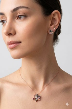925 Ayar Papatya Silver Renkli Lotus Kolye Küpe Set.rose.gold.rodaj