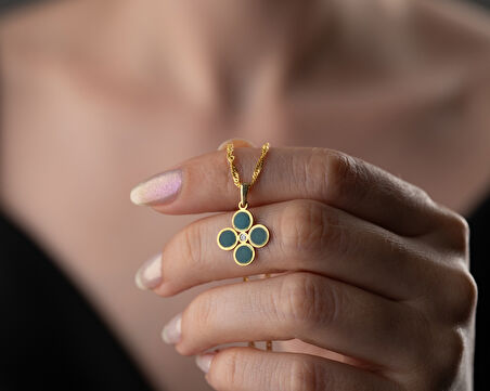 925 ayar papatya silver dört yaprak deniz mavisi pırlanta kolye<rose,gold,rodaj>