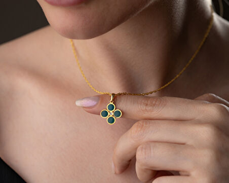 925 ayar papatya silver dört yaprak deniz mavisi pırlanta kolye<rose,gold,rodaj>