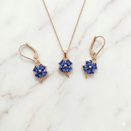925 Ayar Papatya Silver Tanzanit Taşlı Yonca Kolye Küpe Set.rose.gold.rodaj