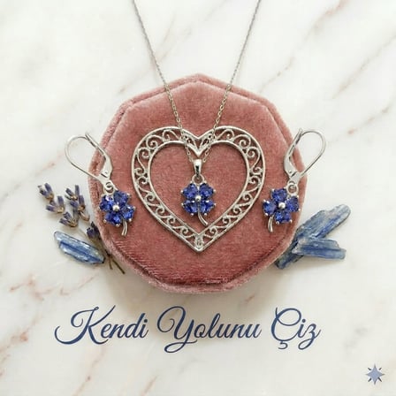 925 Ayar Papatya Silver Tanzanit Taşlı Yonca Kolye Küpe Set.rose.gold.rodaj