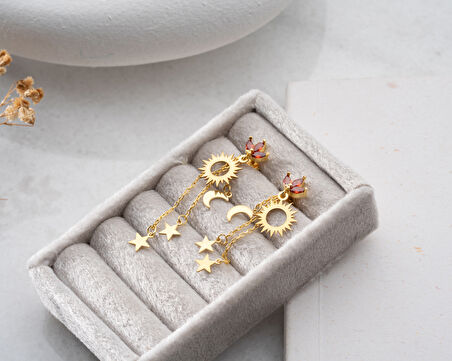 925 ayar papatya silver gökyüzü küpesi<rose,gold,rodaj>güneş,ay,yıldız