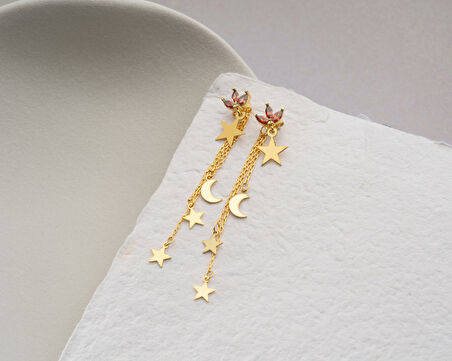 925 ayar papatya silver gökyüzü küpesi<rose,gold,rodaj>güneş,ay,yıldız