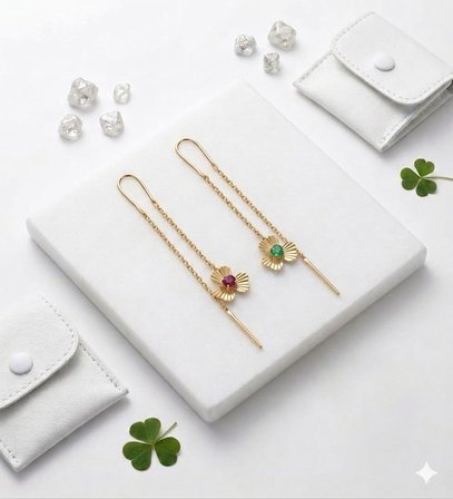 925 Ayar Gümüş Altın İşçilik Doğum Taşlı Kalemli Zarif Sallantılı Yonca Küpe.rose.gold.rodaj 