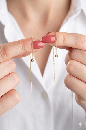 Orjinal 14 Ayar Altın Minimal Top Zincir Kadın Küpe