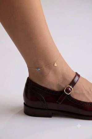 Orjinal 14 Ayar Sertifikalı Altın Minimal Nazar Gözlü Top Zincir Kalp Altın Halhal 