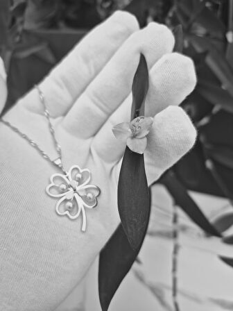 925 ayar papatya silver inci yonca kolye<rose,gold,rodaj>