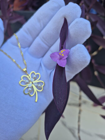 925 ayar papatya silver inci yonca kolye<rose,gold,rodaj>