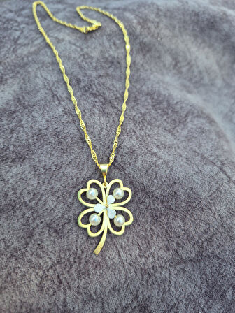 925 ayar papatya silver inci yonca kolye<rose,gold,rodaj>