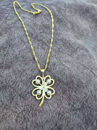 925 ayar papatya silver inci yonca kolye<rose,gold,rodaj>