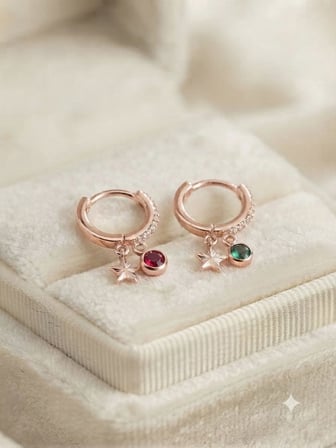 925 Ayar Gümüş Papatya Silver Kişiye Özel Doğum Taşlı Yıldız Kadın Küpe.rose.gold.rodaj Renk Seçenek