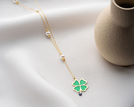 925 ayar papatya silver yeşil yonca Y kolye<yeşil yonca incili kolye<rose,gold,rodaj>