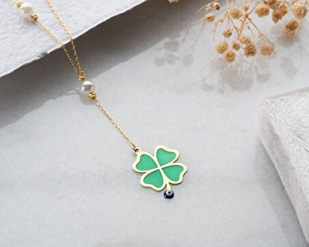 925 ayar papatya silver yeşil yonca Y kolye<yeşil yonca incili kolye<rose,gold,rodaj>