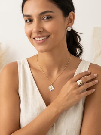 925 Ayar Gümüş Zarif Papatya Kolye Küpe Yüzük Set.rose.gold.rodaj Renk Seçeneği