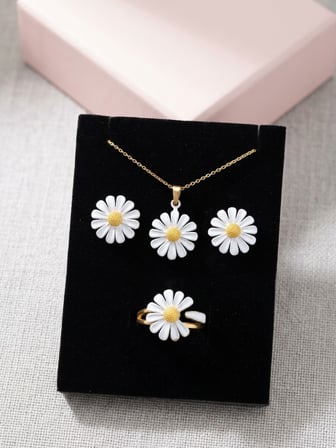 925 Ayar Gümüş Zarif Papatya Kolye Küpe Yüzük Set.rose.gold.rodaj Renk Seçeneği
