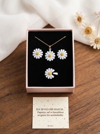 925 Ayar Gümüş Zarif Papatya Kolye Küpe Yüzük Set.rose.gold.rodaj Renk Seçeneği