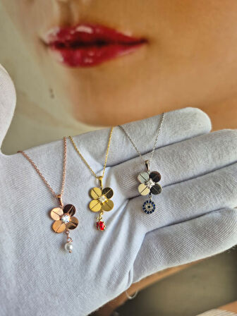 925 Ayar Papatya silver 3'lü set 4 yaprak yonca kolye.rose.gold.rodaj