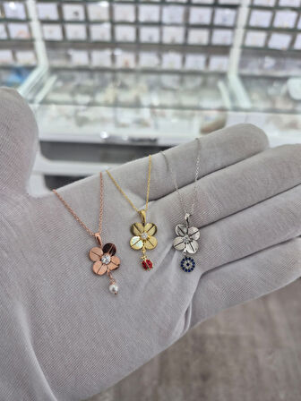 925 Ayar Papatya silver 3'lü set 4 yaprak yonca kolye.rose.gold.rodaj