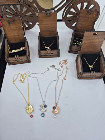 925 Ayar Papatya silver 3'lü set 4 yaprak yonca kolye.rose.gold.rodaj