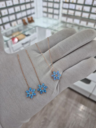 925 AYAR papatya silver turkuaz opal küpe,kolye set.opal takım.manolya set.rose.gold.rodaj