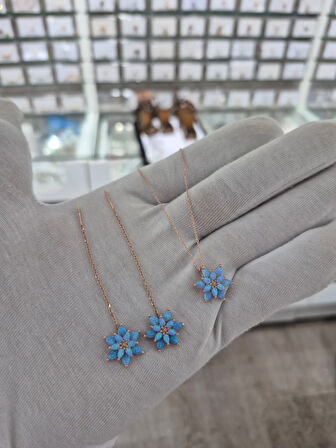 925 AYAR papatya silver turkuaz opal küpe,kolye set.opal takım.manolya set.rose.gold.rodaj