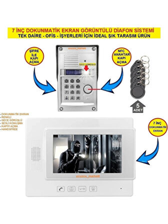 7 inç Dokunmatik Ekranlı Görüntülü Diafon Sistemi (Tek Daire içindir Şifre + Kartlı Geçiş Özelliklidir)
