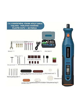 Parlatma Makinesi (66 Parça) Profesyonel 7.4V Yüksek Güçlü Şarjlı Taşlama