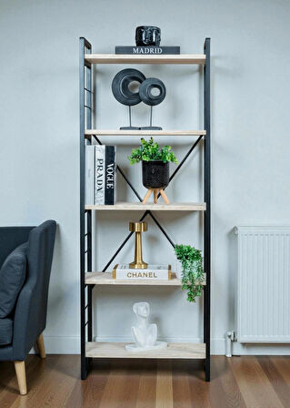 DEKORATİF BEYAZ AHŞAP RAFLI METAL KİTAPLIK ÇOK AMAÇLI 5 RAFLI DOLAP MATKAPSIZ KOLAY KURULUM