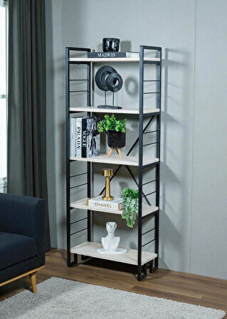 DEKORATİF BEYAZ AHŞAP RAFLI METAL KİTAPLIK ÇOK AMAÇLI 5 RAFLI DOLAP MATKAPSIZ KOLAY KURULUM