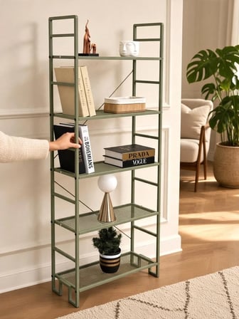 DEKORATİF YEŞİL METAL KİTAPLIK 5 RAFLI ÇOK AMAÇLI STAND SALON VE ÇALIŞMA ODASI DÜZENLEYİCİ 