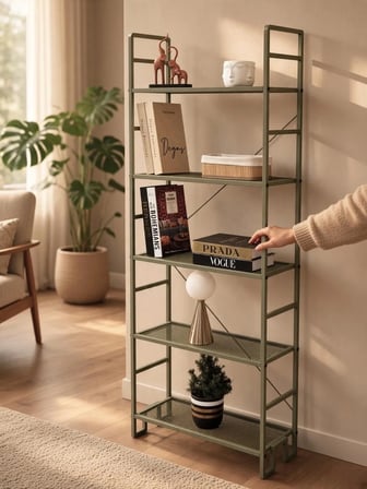 DEKORATİF YEŞİL METAL KİTAPLIK 5 RAFLI ÇOK AMAÇLI STAND SALON VE ÇALIŞMA ODASI DÜZENLEYİCİ 