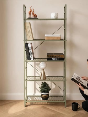 DEKORATİF YEŞİL METAL KİTAPLIK 5 RAFLI ÇOK AMAÇLI STAND SALON VE ÇALIŞMA ODASI DÜZENLEYİCİ 
