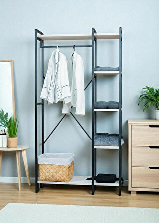 DEKORATİF METAL AYAKLI BEYAZ AHŞAP RAFLI ELBİSE ASKILIĞI AYAKKABILIK ÇOK AMAÇLI PORTATİF PORTMANTO GARDIROP