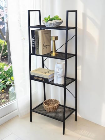 DEKORATİF SİYAH METAL PİRAMİT KİTAPLIK 4 RAFLI ÇOK AMAÇLI STAND SALON VE ÇALIŞMA ODASI DÜZENLEYİCİ 