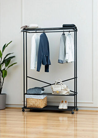 SİYAH METAL ELBİSE ASKILIĞI İKİ YÖNLÜ 3 RAFLI TEKERLEKLİ ASKILIK PORTMANTO VE KONFEKSİYON ASKILIĞI