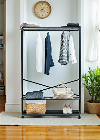 SİYAH METAL ELBİSE ASKILIĞI İKİ YÖNLÜ 3 RAFLI TEKERLEKLİ ASKILIK PORTMANTO VE KONFEKSİYON ASKILIĞI