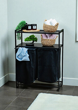 DEKORATİF KİRLİ SEPETLİ BANYO DOLABI 2 RAFLI 2 BÖLMELİ ÇAMAŞIR SEPETİ BANYO DÜZENLEYİCİ ORGANİZER