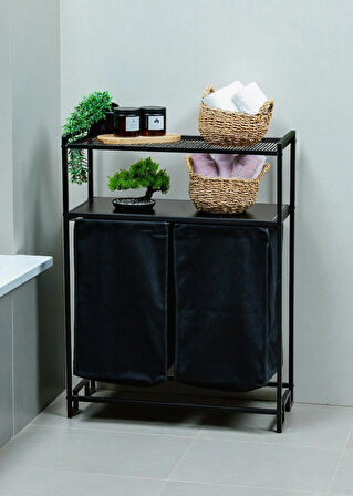 DEKORATİF KİRLİ SEPETLİ BANYO DOLABI 2 RAFLI 2 BÖLMELİ ÇAMAŞIR SEPETİ BANYO DÜZENLEYİCİ ORGANİZER