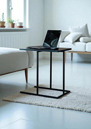 DEKORATİF SİYAH METAL YAN SEHPA AHŞAP RAFLI KOLTUK YANI SERVİS SEHPASI ÇOK AMAÇLI ZİGON C SEHPA