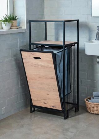 DEKORATİF KİRLİ SEPETLİ BANYO DOLABI AHŞAP RAFLI METAL GÖVDELİ 2 RAFLI ÇAMAŞIR SEPETİ BANYO DÜZENLEYİCİ ORGANİZER