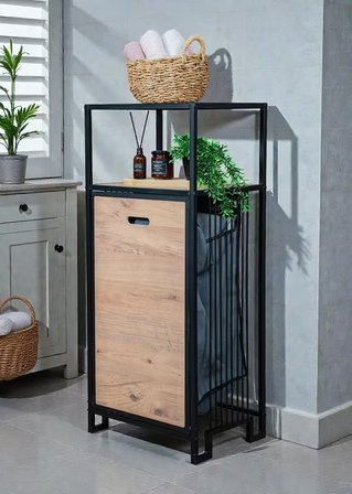 DEKORATİF KİRLİ SEPETLİ BANYO DOLABI AHŞAP RAFLI METAL GÖVDELİ 2 RAFLI ÇAMAŞIR SEPETİ BANYO DÜZENLEYİCİ ORGANİZER