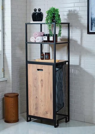 DEKORATİF KİRLİ SEPETLİ BANYO DOLABI AHŞAP RAFLI METAL GÖVDELİ 3 RAFLI ÇAMAŞIR SEPETİ BANYO DÜZENLEYİCİ ORGANİZER