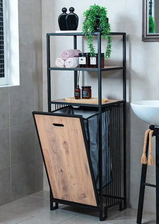 DEKORATİF KİRLİ SEPETLİ BANYO DOLABI AHŞAP RAFLI METAL GÖVDELİ 3 RAFLI ÇAMAŞIR SEPETİ BANYO DÜZENLEYİCİ ORGANİZER