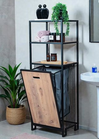 DEKORATİF KİRLİ SEPETLİ BANYO DOLABI AHŞAP RAFLI METAL GÖVDELİ 3 RAFLI ÇAMAŞIR SEPETİ BANYO DÜZENLEYİCİ ORGANİZER